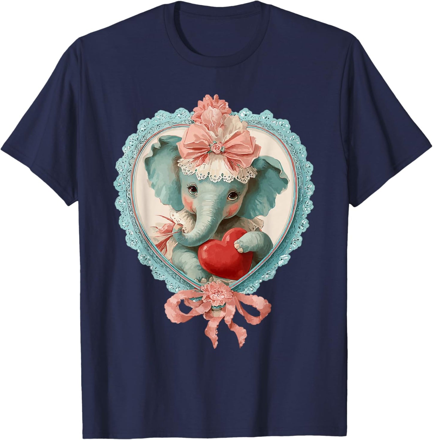 Cute Valentine Elephant with Heart Vintage Animal Coquette T-Shirt - T-Shirt | Navy