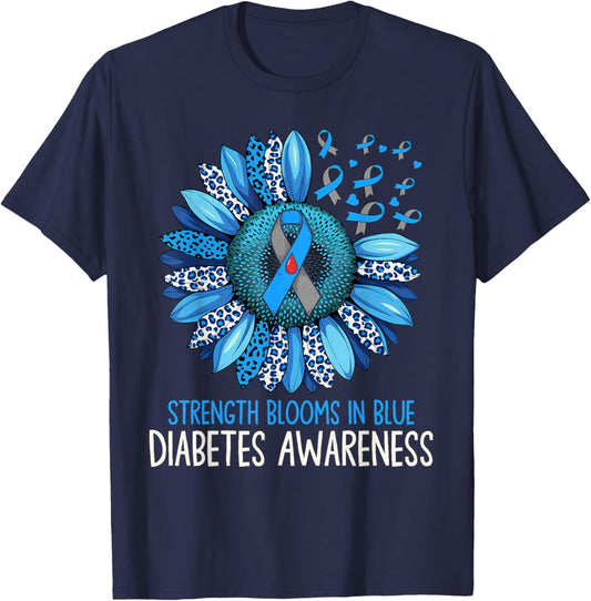 Strength Blooms in Blue Sunflower Diabetes Awareness T1D T-Shirt - T-Shirt | Navy