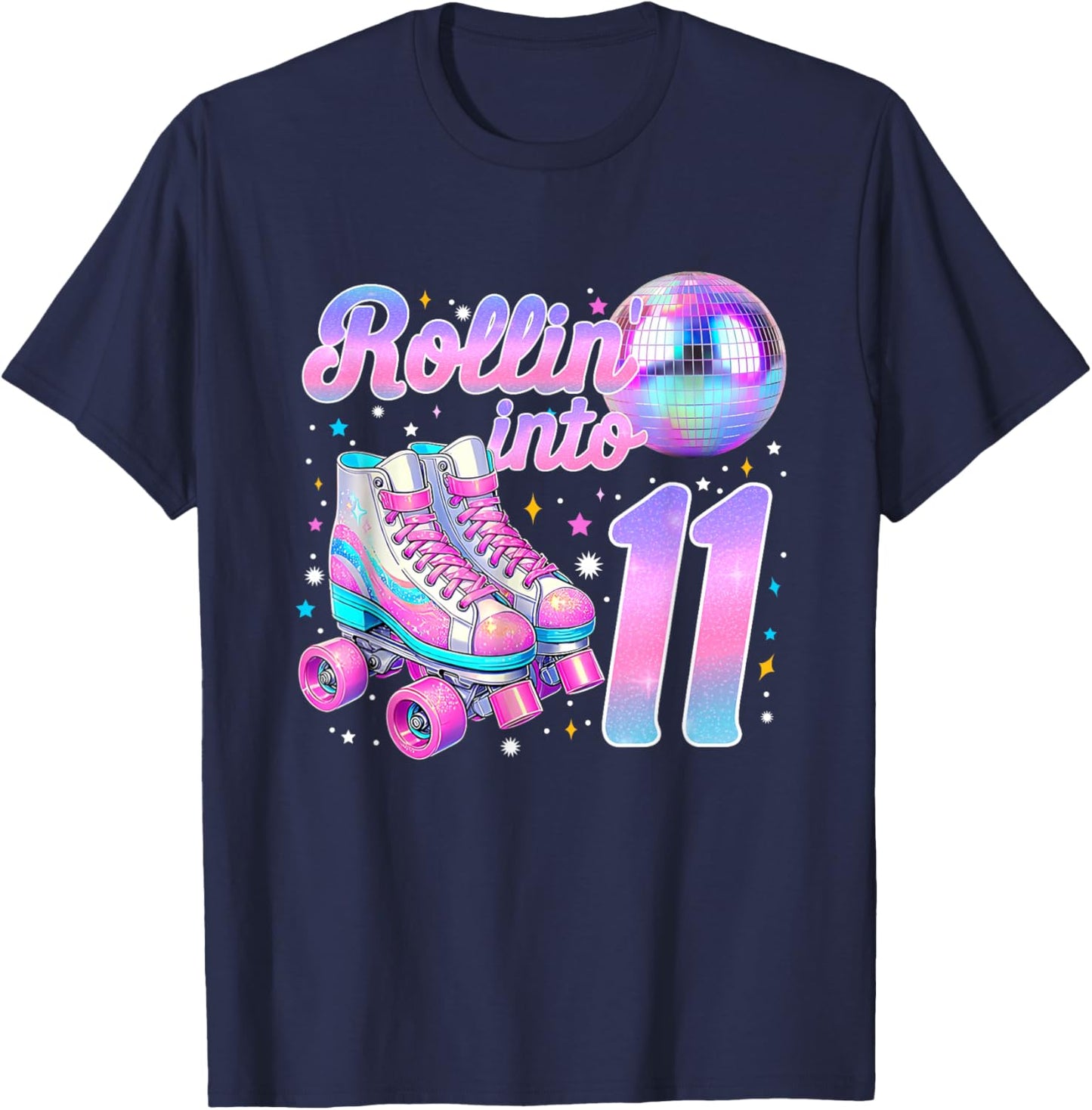 Rollin' Into 11 Roller Skating 11th Birthday Girl Bday Party T-Shirt - T-Shirt | Navy