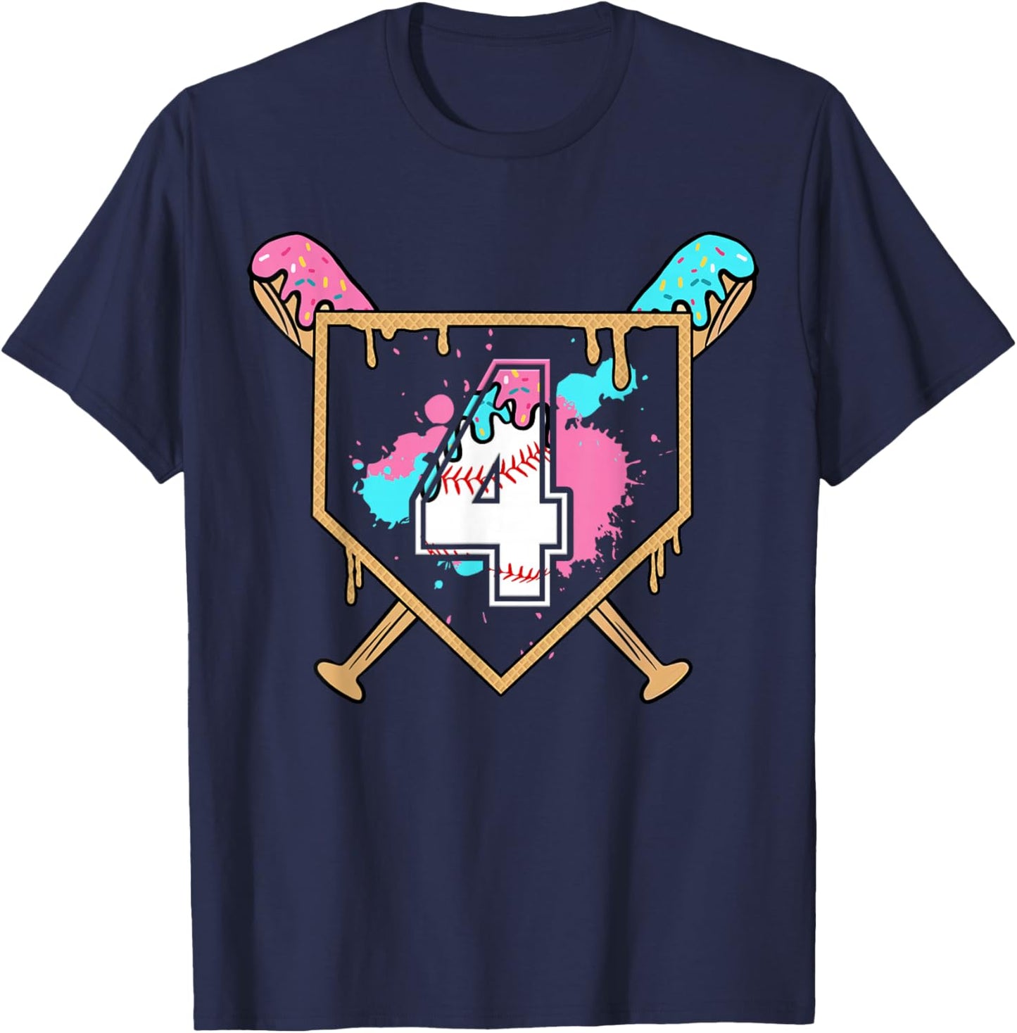 4th Birthday Baseball Bat Ice-Cream Drip 4yrs Old Boys Girls T-Shirt - T-Shirt | Navy