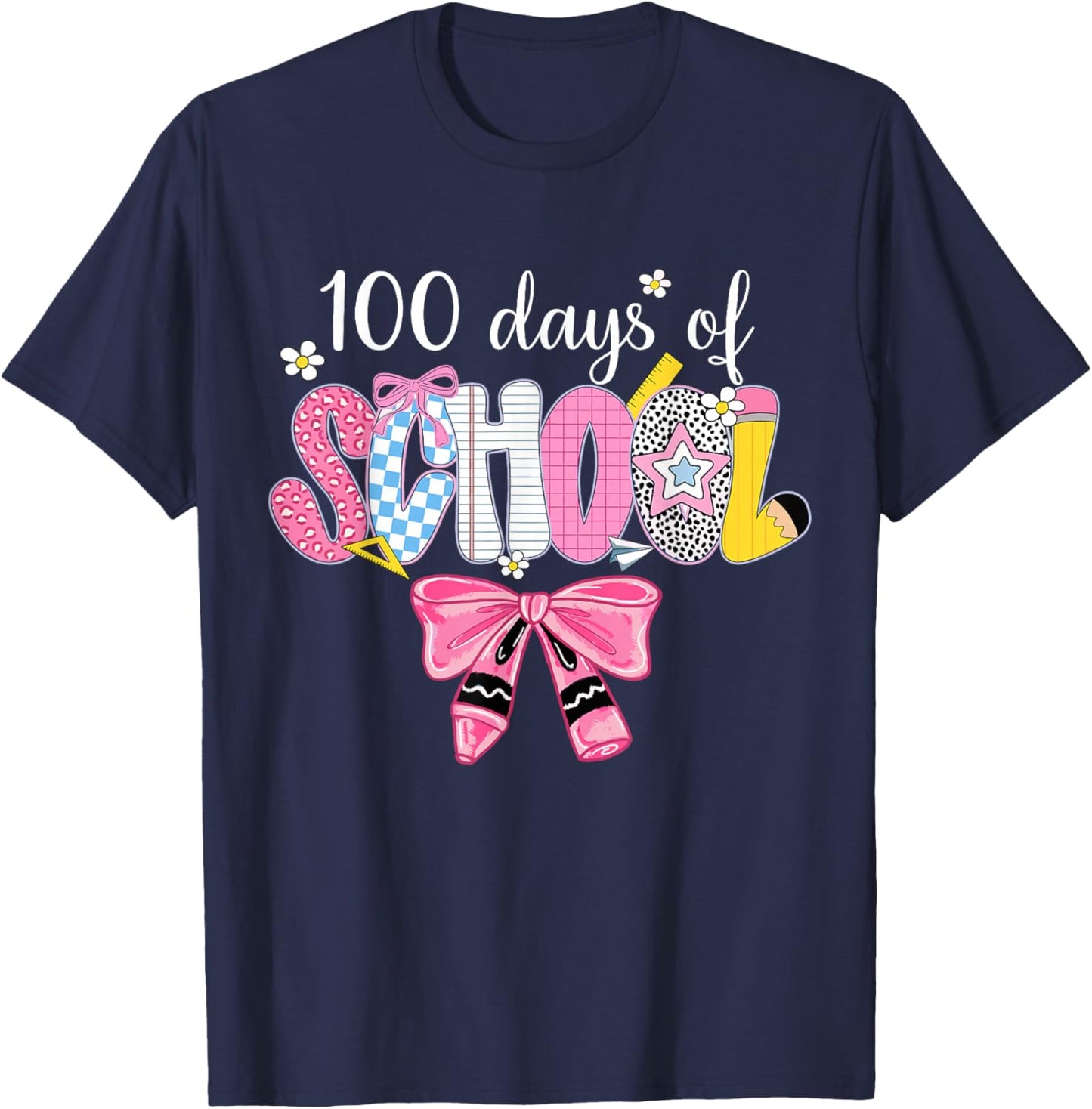 100 Days of School Girls Coquette Bow 100th Day of School T-Shirt - T-Shirt | Navy