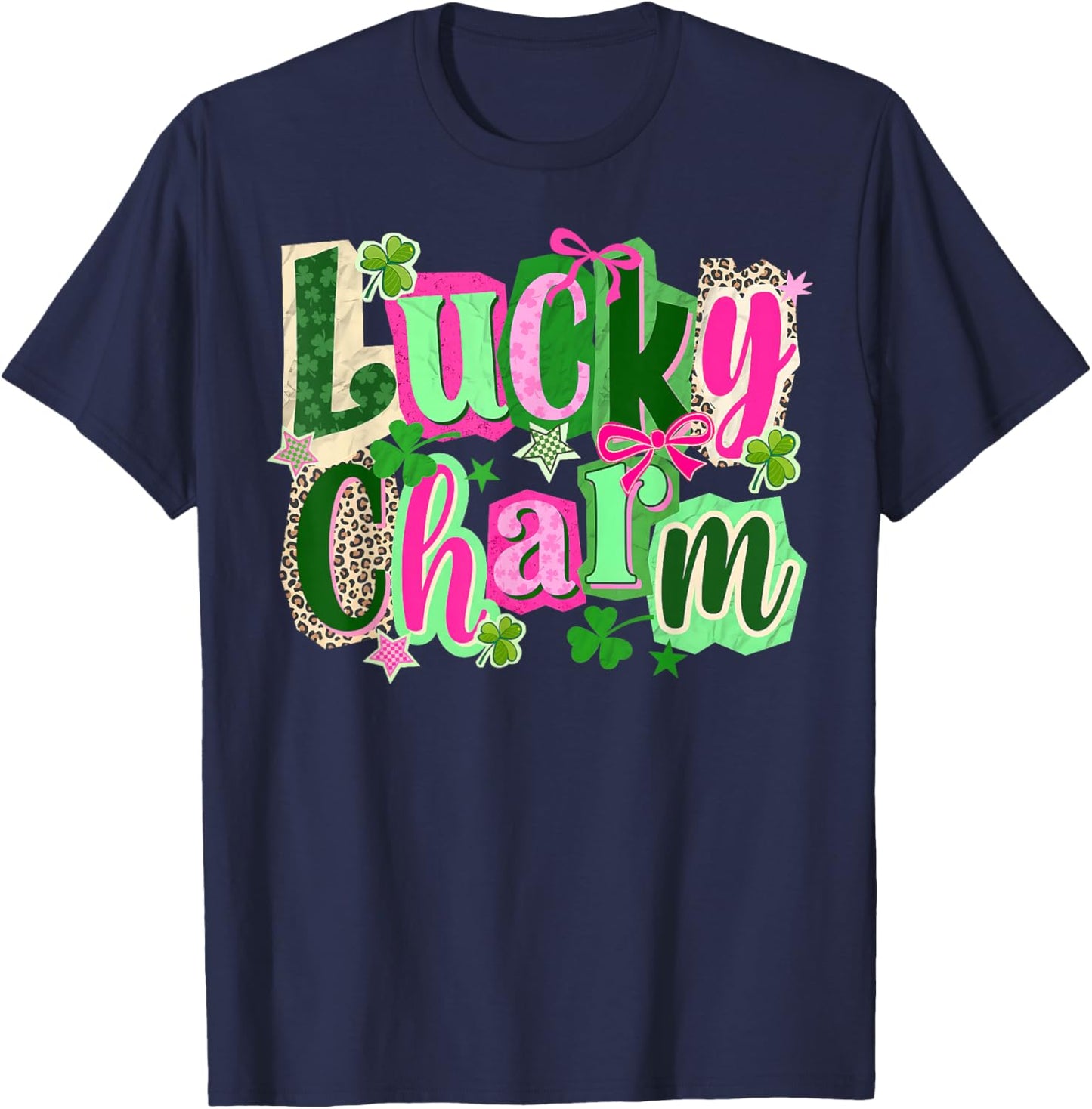 Lucky Charm Girly St Patrick Rainbow Clover Gold Pot Hearts T-Shirt - T-Shirt | Navy