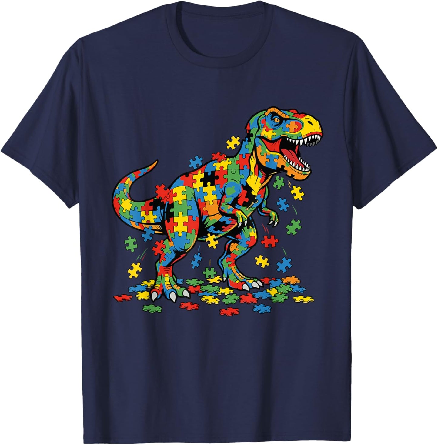 Autism Awareness Dinosaur Colorful Puzzle Autistic T rex T-Shirt - T-Shirt | Navy