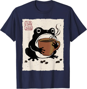 Grumpy Frog Funny Coffee Espresso Anime Japanese T-Shirt - T-Shirt | Navy