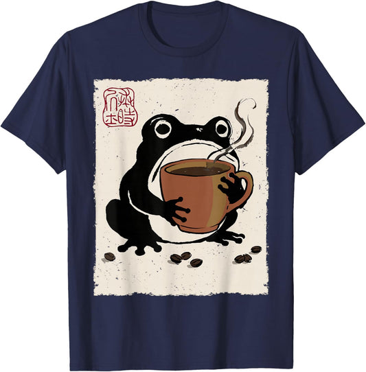 Grumpy Frog Funny Coffee Espresso Anime Japanese T-Shirt - T-Shirt | Navy