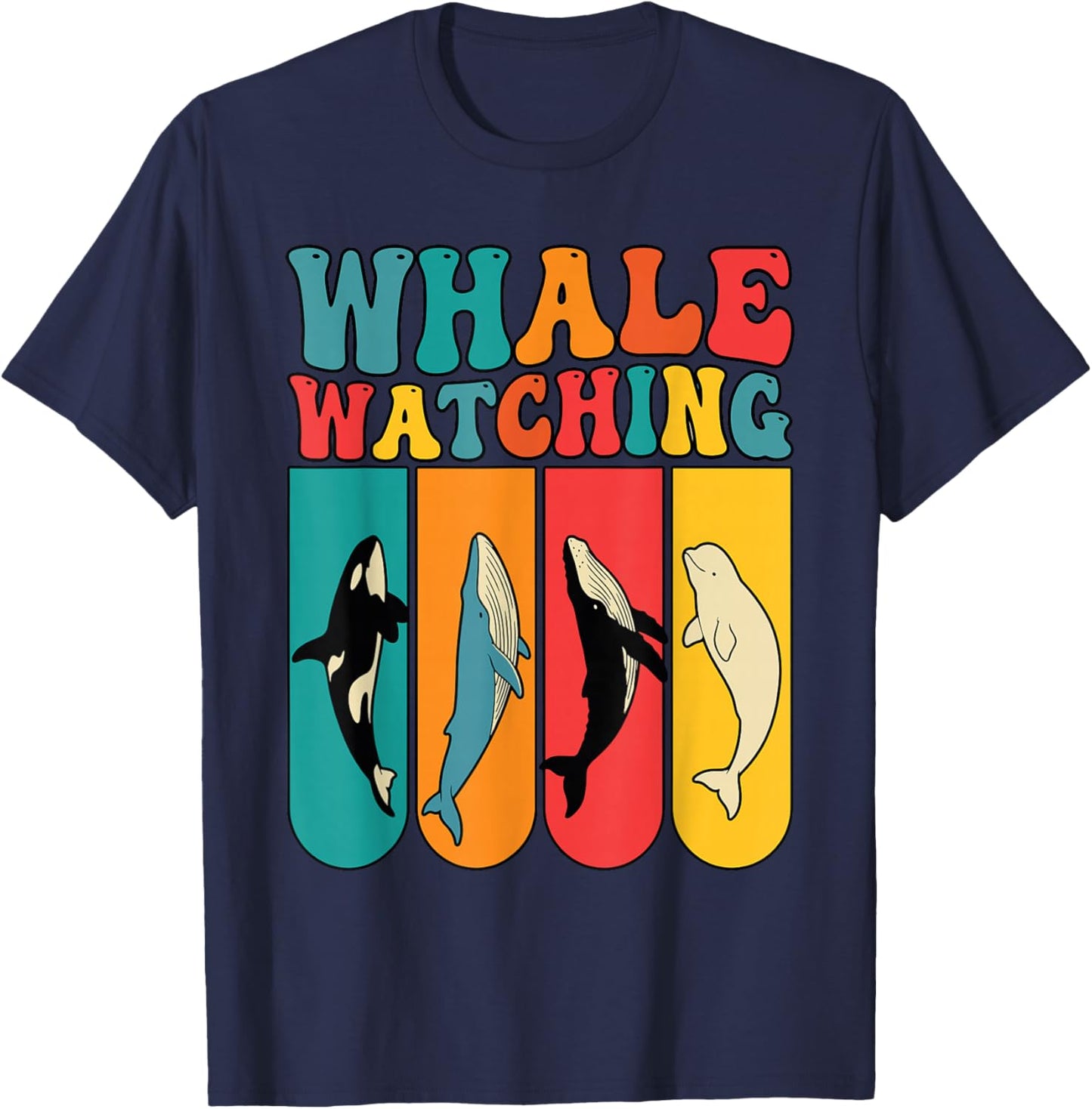 Retro 70s Colorful Whale Watching Species T-Shirt - T-Shirt | Navy