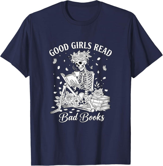Good Girls Read Bad Books Skeleton Reading Book Halloween T-Shirt - T-Shirt | Navy