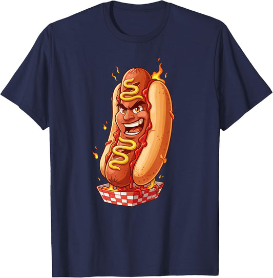 Flaming Hot Dog Character Funny Spicy Barbecue Food T-Shirt - T-Shirt | Navy