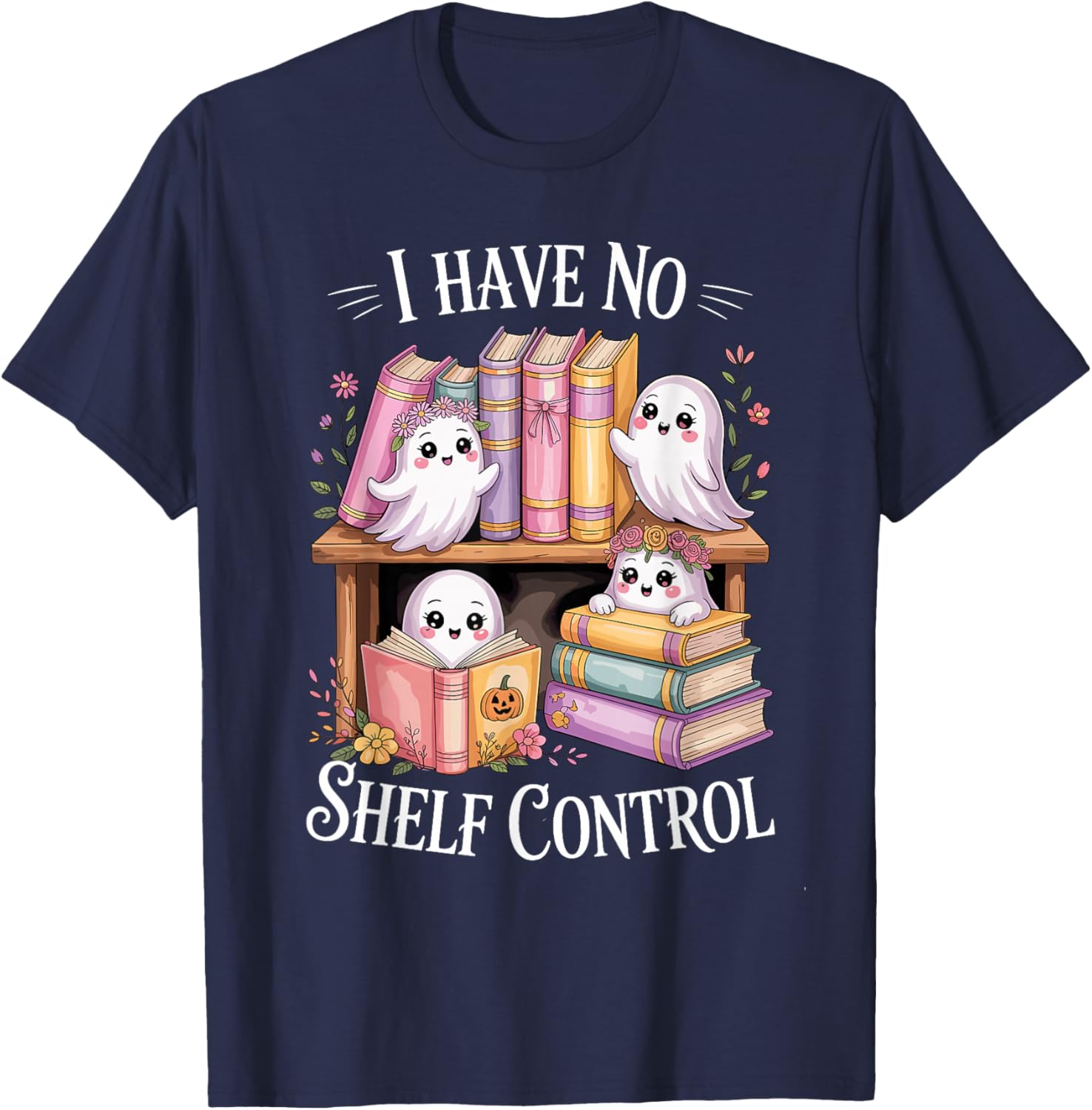 I Have No Shelf Control Funny Ghost Reading Books Pun Design T-Shirt - T-Shirt | Navy