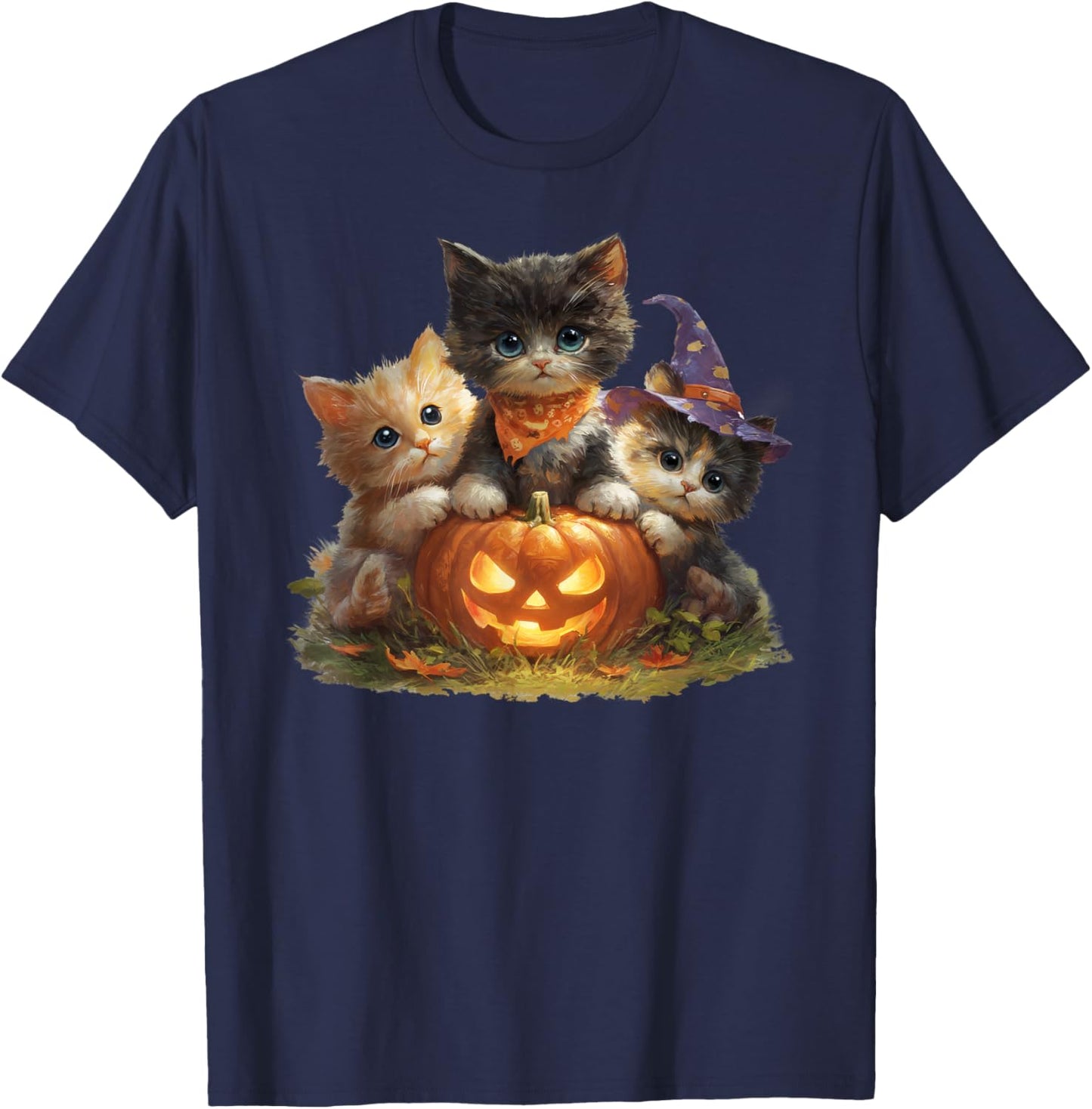 Vintage Kittens Pumpkin Cute Cat Spooky Season Halloween T-Shirt - T-Shirt | Navy