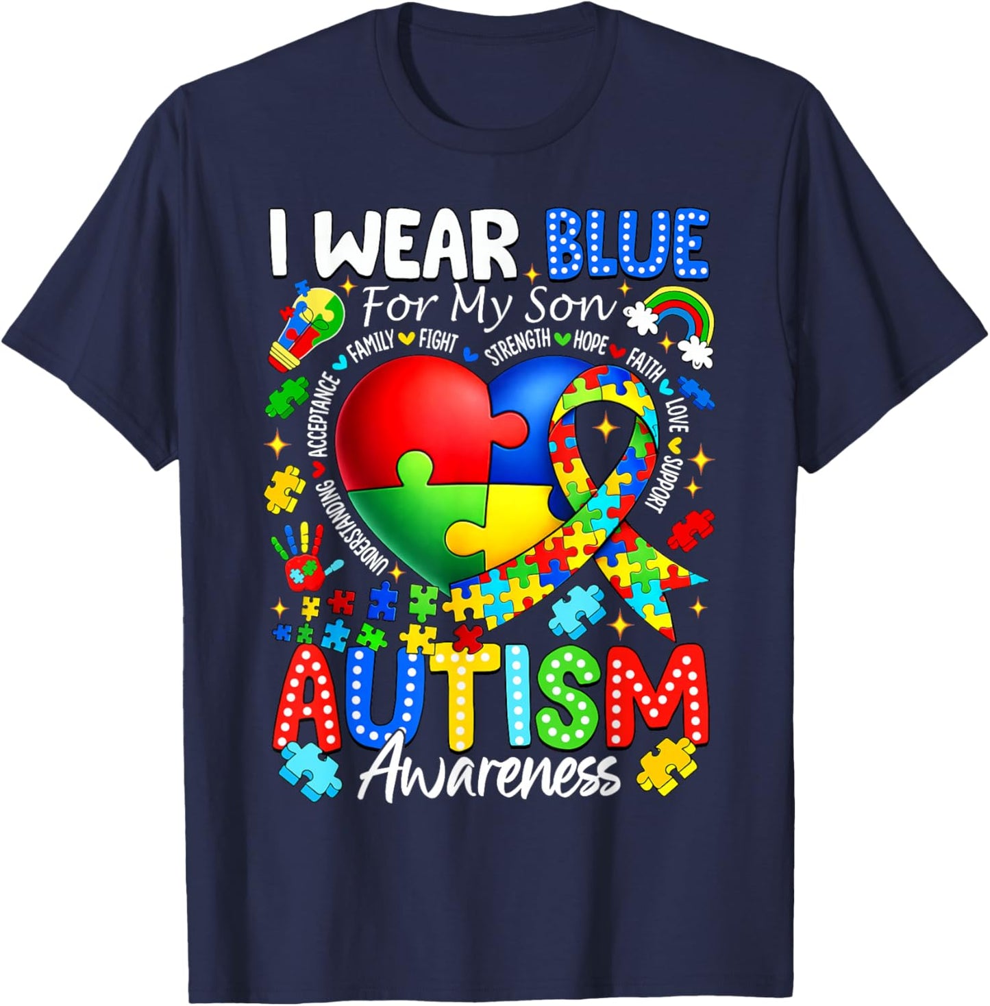 I Wear Blue for My Son Autism Awareness Mom Men Women Kids T-Shirt - T-Shirt | Navy