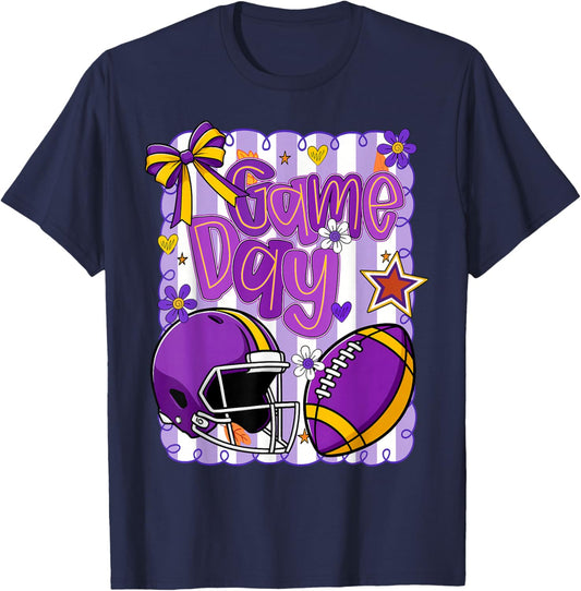 Purple Gold Cheerleader Game Day Football Cheer Mom Sister T-Shirt - T-Shirt | Navy
