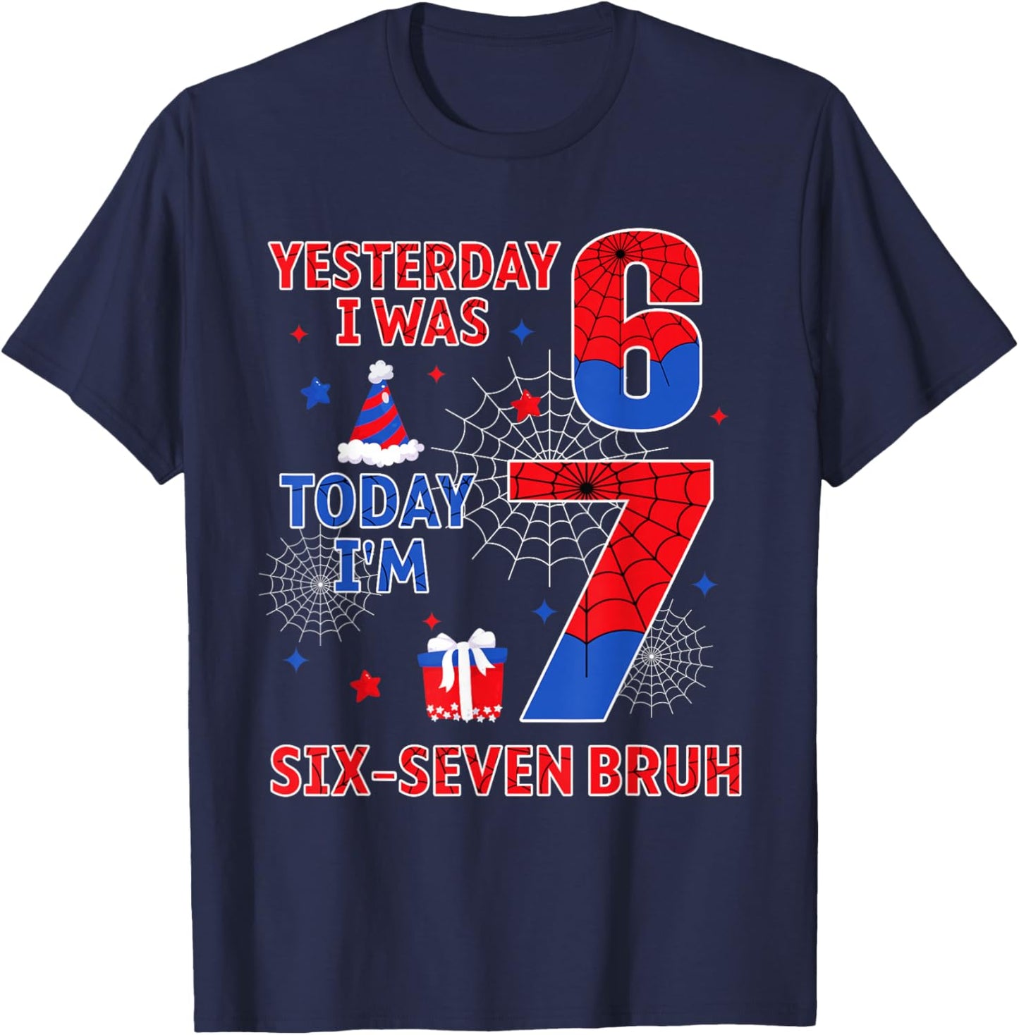 I was 6 Now I'm 7 7th Spider Theme Birthday Boy 7 Year Old T-Shirt - T-Shirt | Navy
