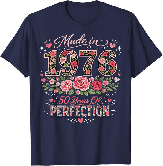 50 Year Old Made 1976 Floral 50th Birthday Women T-Shirt - T-Shirt | Navy