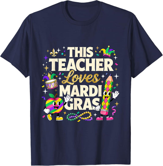 This Teacher Loves Mardi Gras Teaching School T-Shirt - T-Shirt | Navy