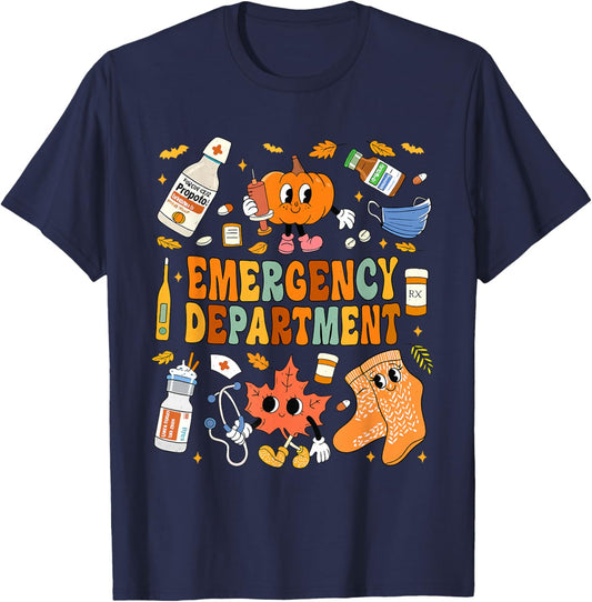 Emergency Department Fall Leaves Emergency Nurse Thankgiving T-Shirt - T-Shirt | Navy