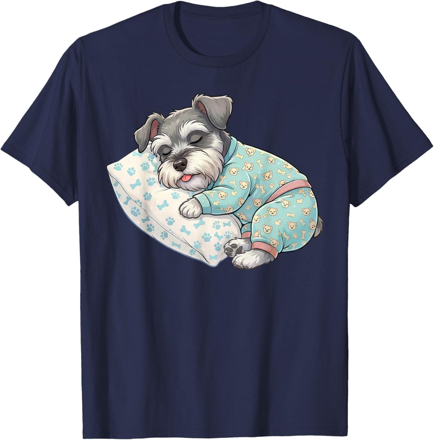 Cute Miniature Schnauzer Dog Sleeping in Pajamas Bedtime Art T-Shirt - T-Shirt | Navy