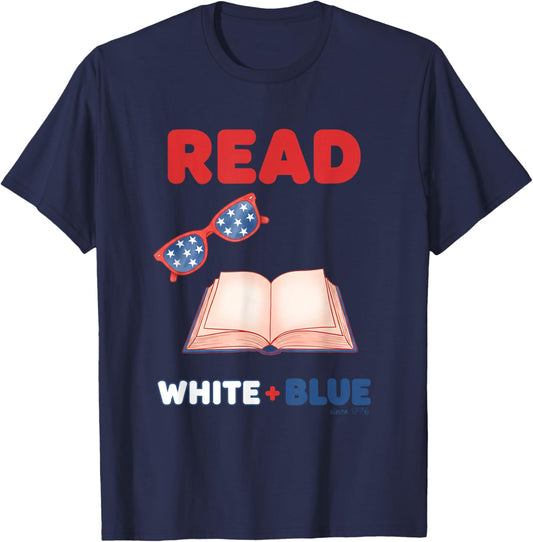 Read White + Blue Patriotic Book Lover Girls Independence T-Shirt - T-Shirt | Navy