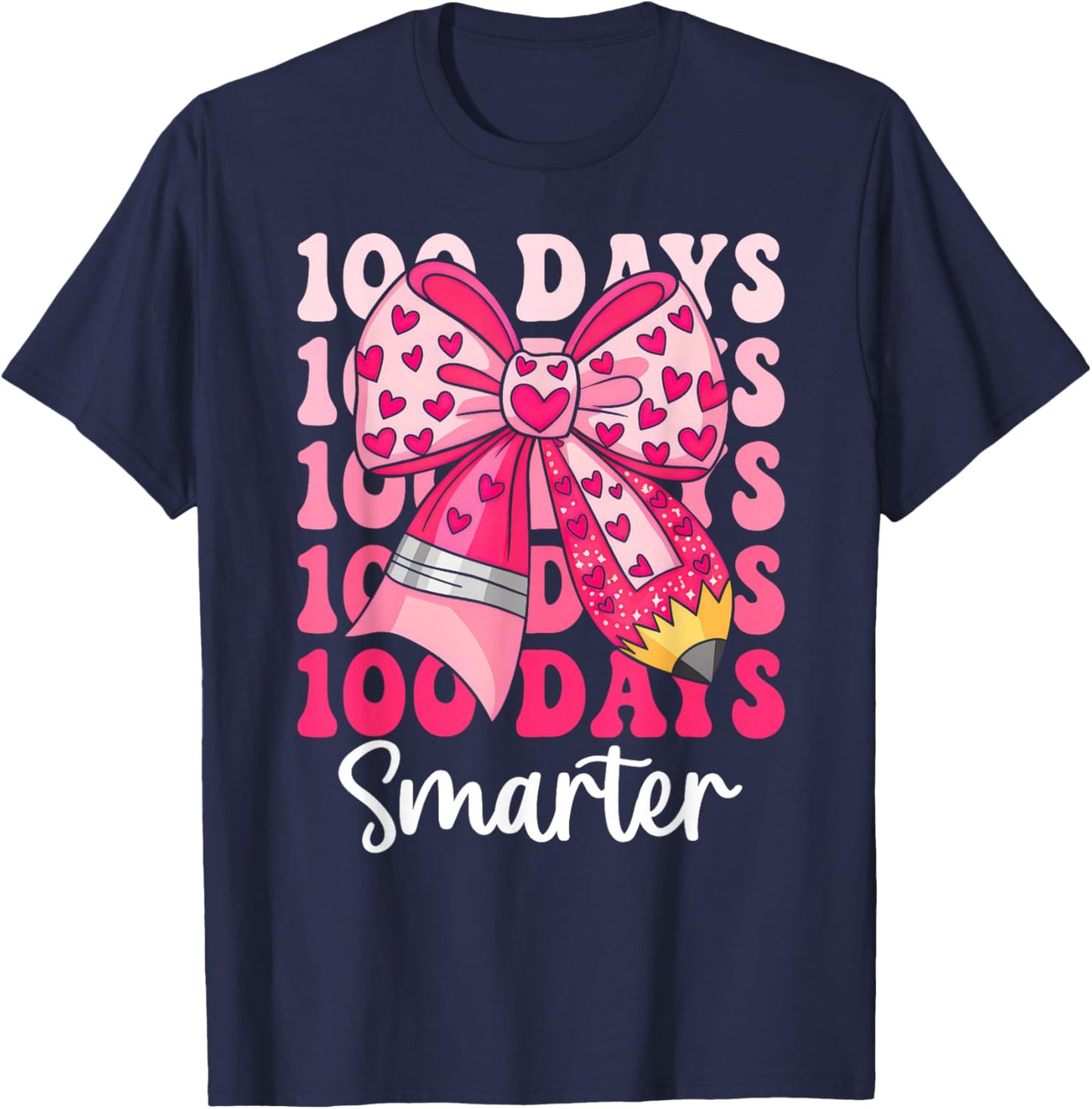 100 Days Smarter Coquette Bow Girls Kids 100th Day of School T-Shirt - T-Shirt | Navy