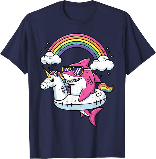Summer Shark Unicorn Floatie Cute Vacation Girls Kids Women T-Shirt - T-Shirt | Navy