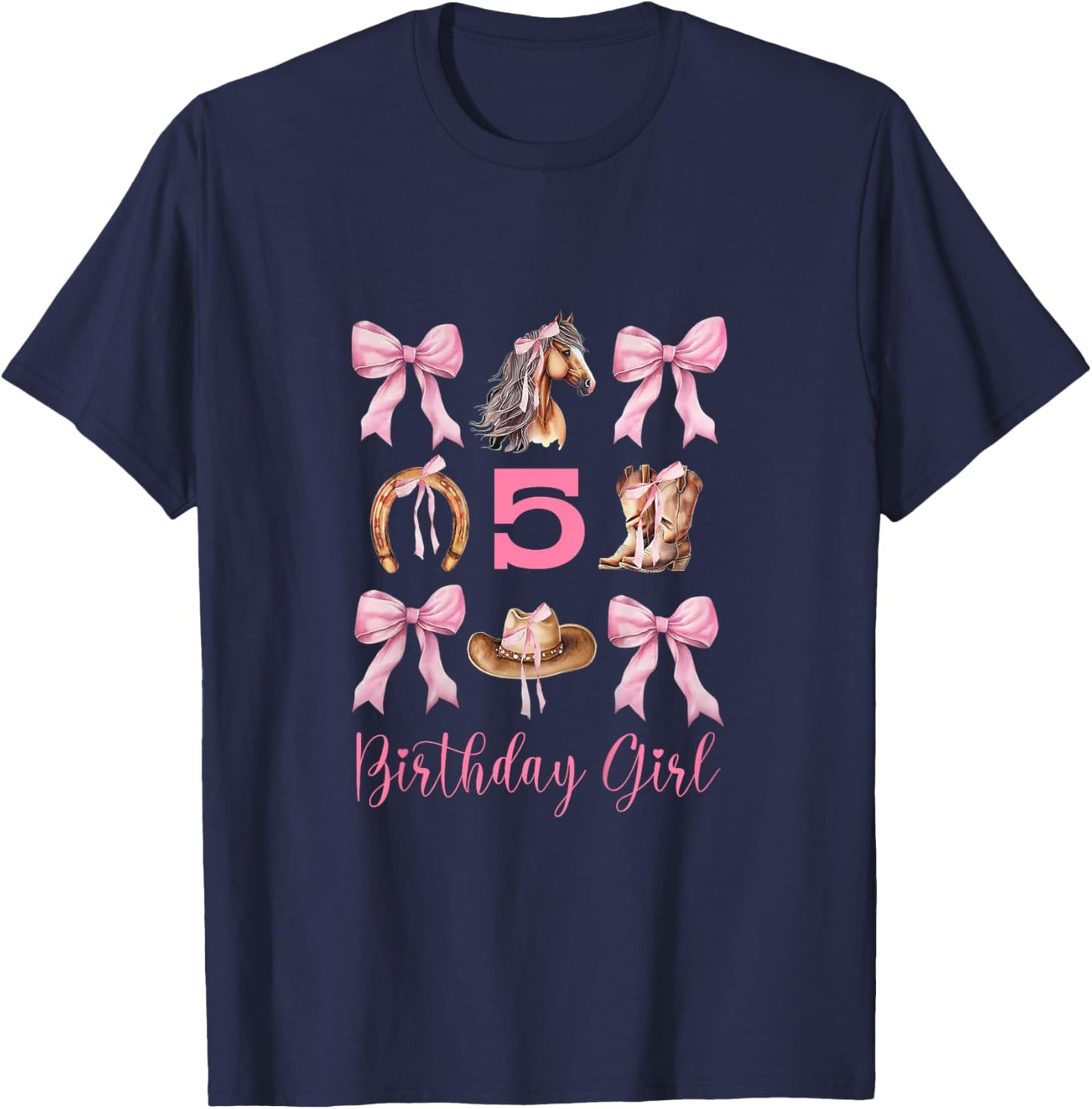 5th Birthday Western Pink Cowgirl Horse Coquette Bow Girl T-Shirt - T-Shirt | Navy