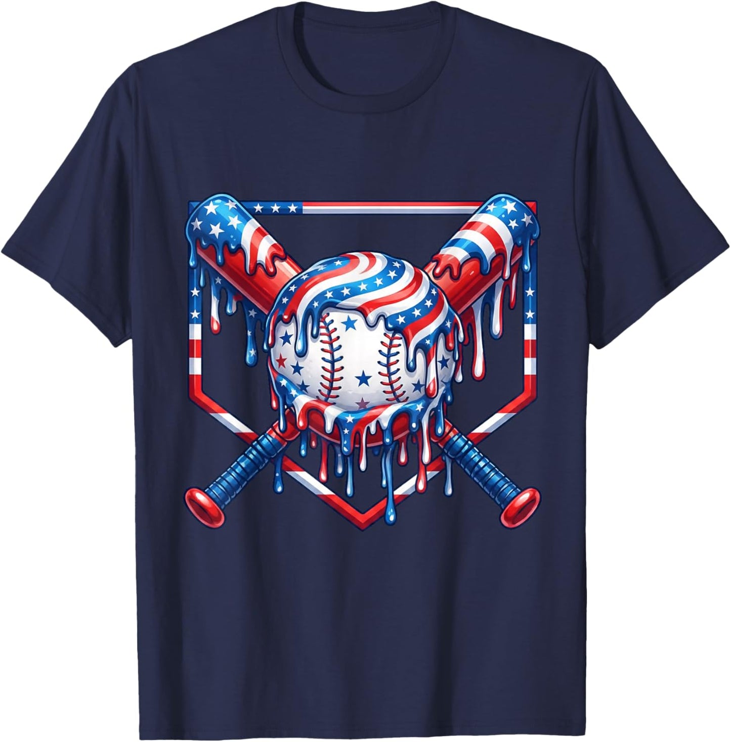 Baseball Drip American Flag for Boys Kids Youht 4th of July T-Shirt - T-Shirt | Navy