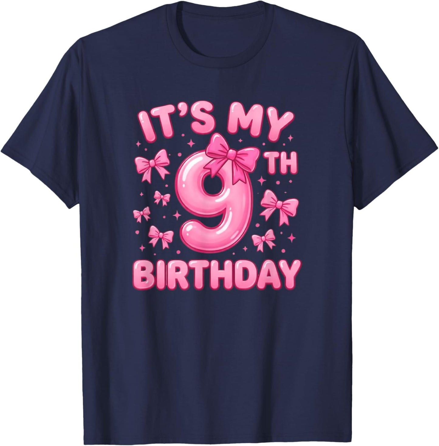 9th Birthday Girl Coquette Bow Pink Aesthetic T-Shirt - T-Shirt | Navy