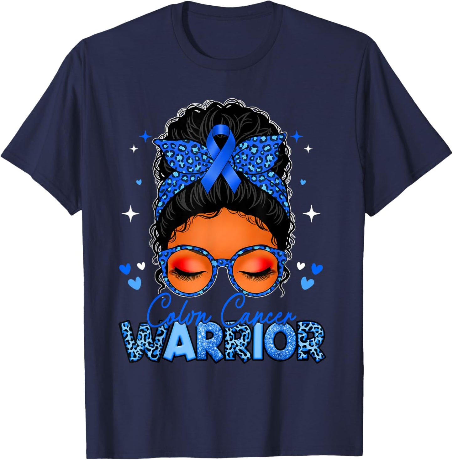 Colon Cancer Warrior Blue Messy Bun Colon Cancer Awareness T-Shirt - T-Shirt | Navy
