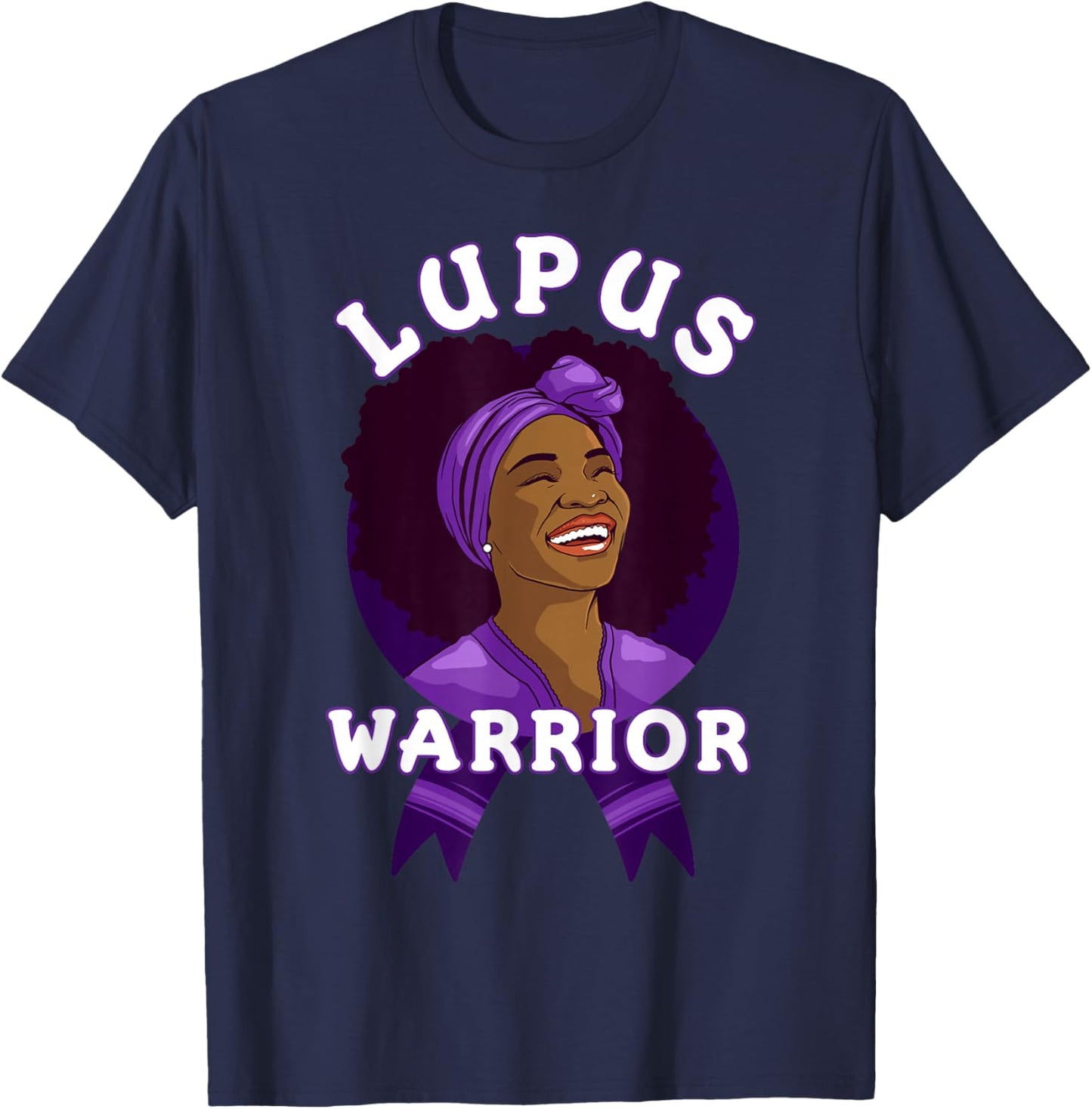 Lupus Warrior Afro Black Woman Wear Purple Ribbon Awareness T-Shirt - T-Shirt | Navy