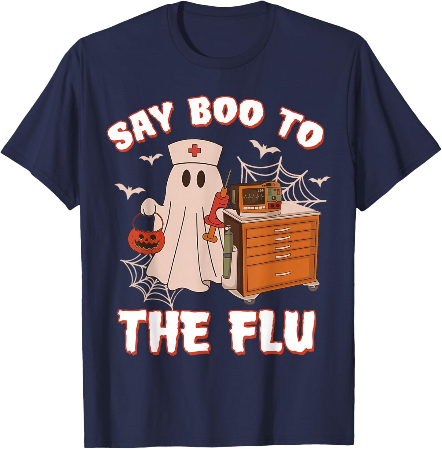 Retro Nurse Ghost Halloween-Vaccine Say Boo to The Flu T-Shirt - T-Shirt | Navy