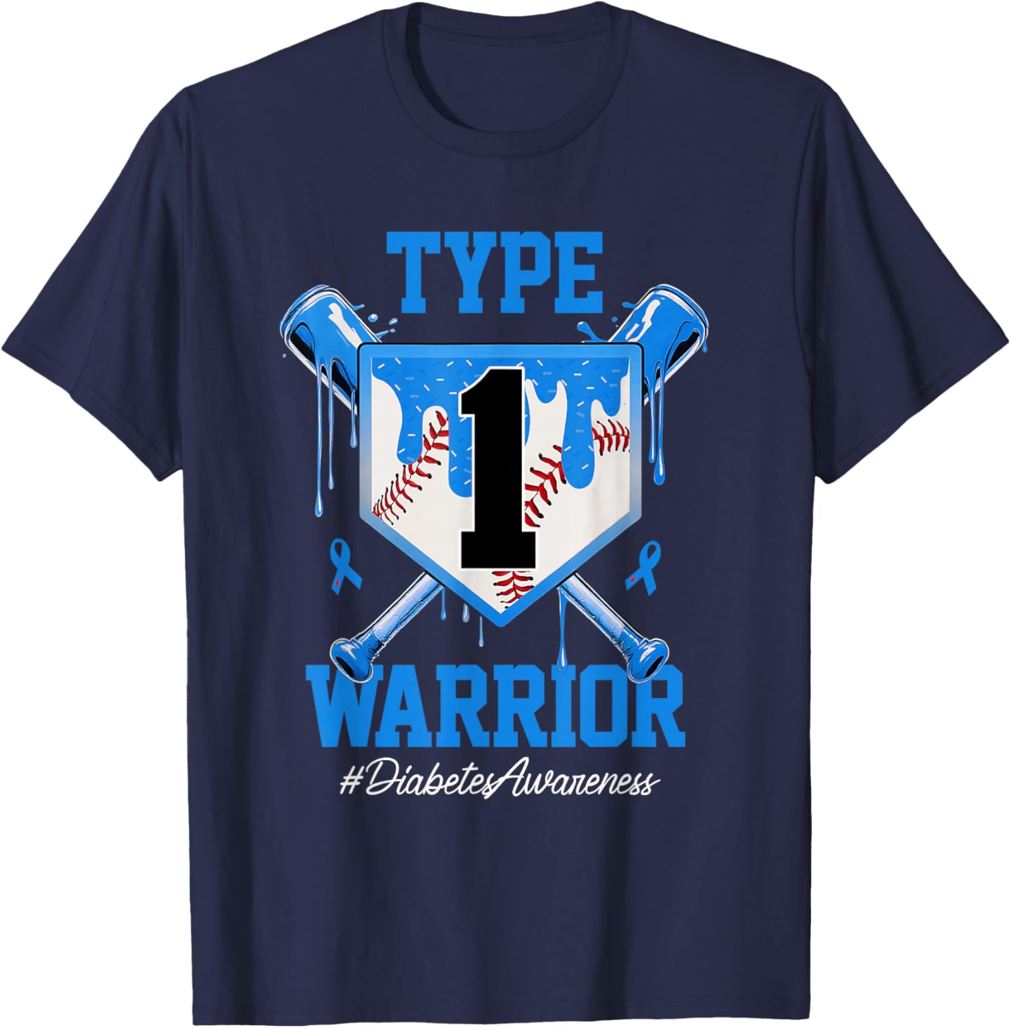 T1D Warrior Baseball Drip Diabetes Awareness Blue Ribbon T-Shirt - T-Shirt | Navy