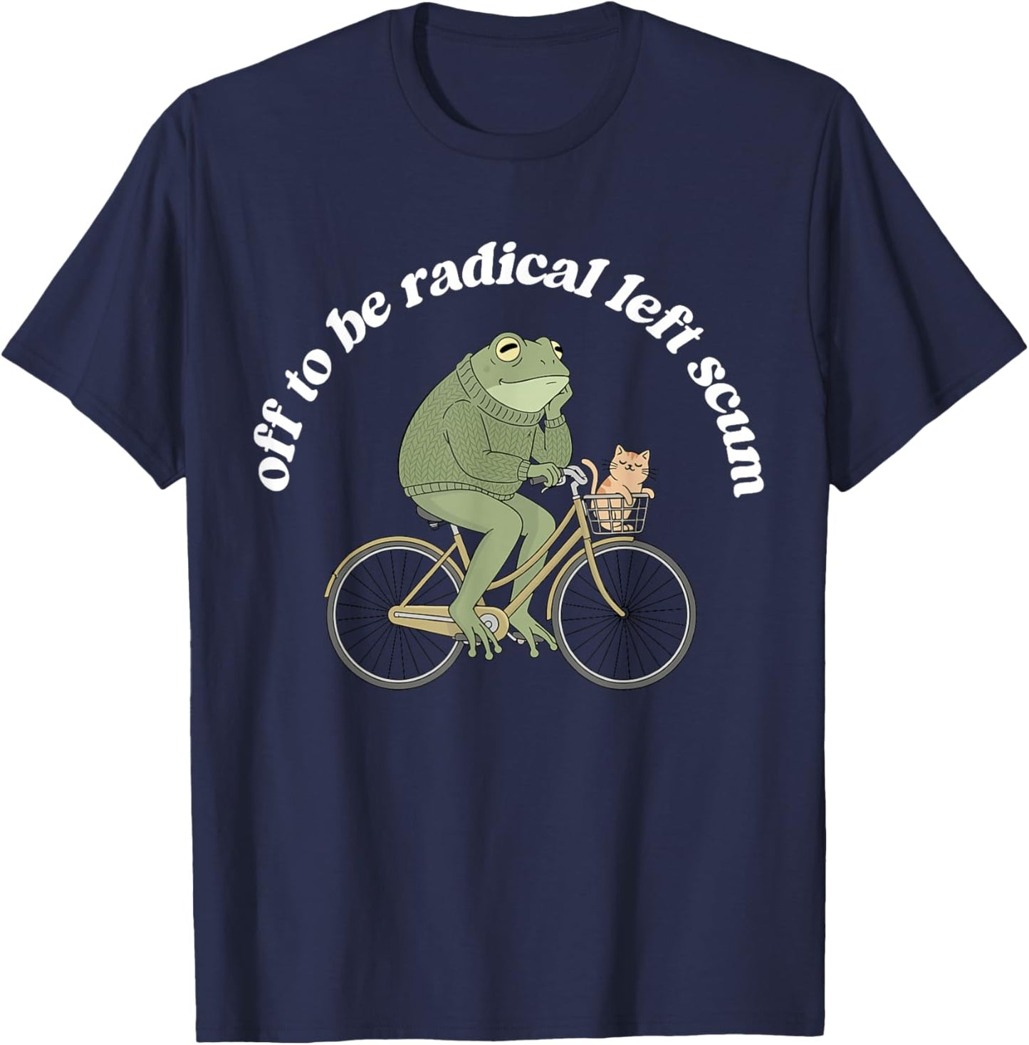 Off to Be Radical Left Funny Cum Frog and Cat Bicycle Print T-Shirt - T-Shirt | Navy
