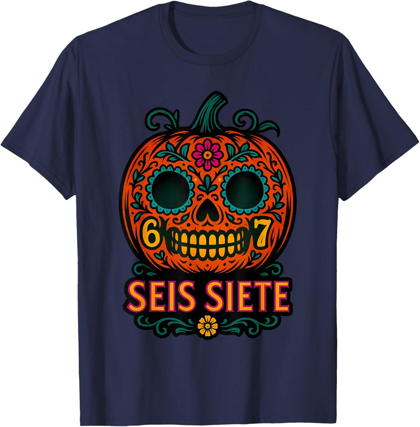 SEIS Siete 67 Halloween Pumpkin Day of Muertos Calaveras T-Shirt - T-Shirt | Navy