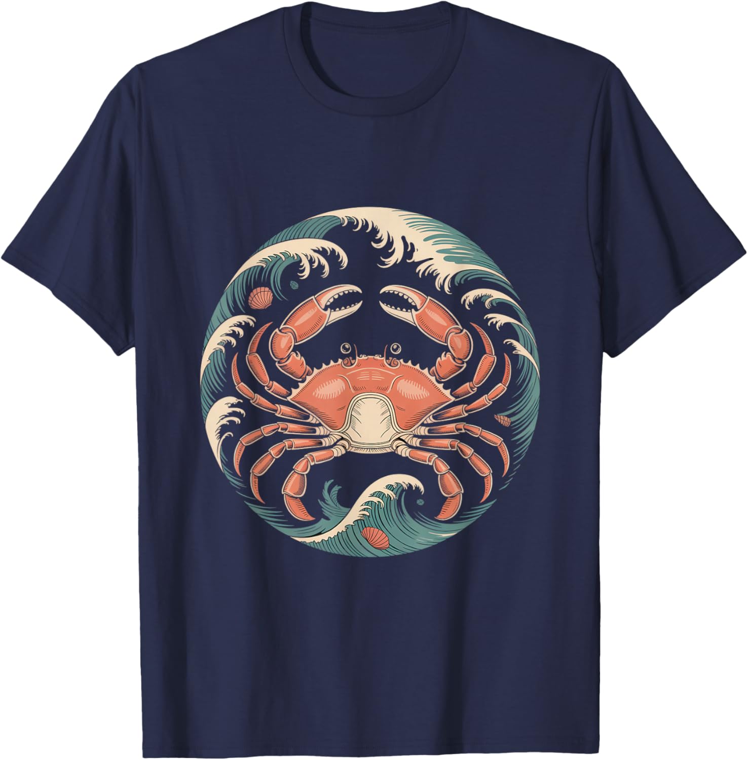 Vintage Red Crab with Ocean Waves Circle T-Shirt - T-Shirt | Navy