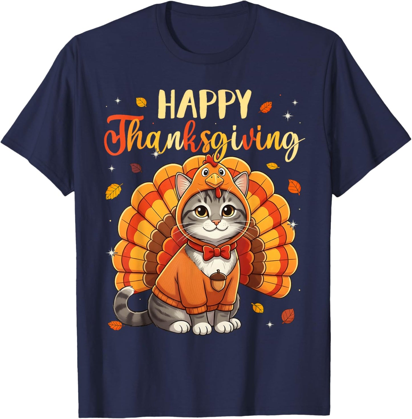 Happy Thanksgiving Cat Turkey Day Fall Women Girls Kids Men T-Shirt - T-Shirt | Navy