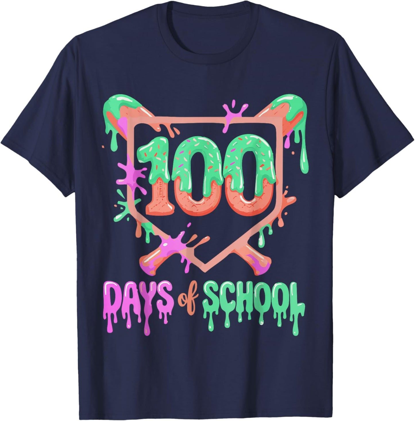 100 Days of School Baseball Ice Cream Drip 100th Day Player T-Shirt - T-Shirt | Navy