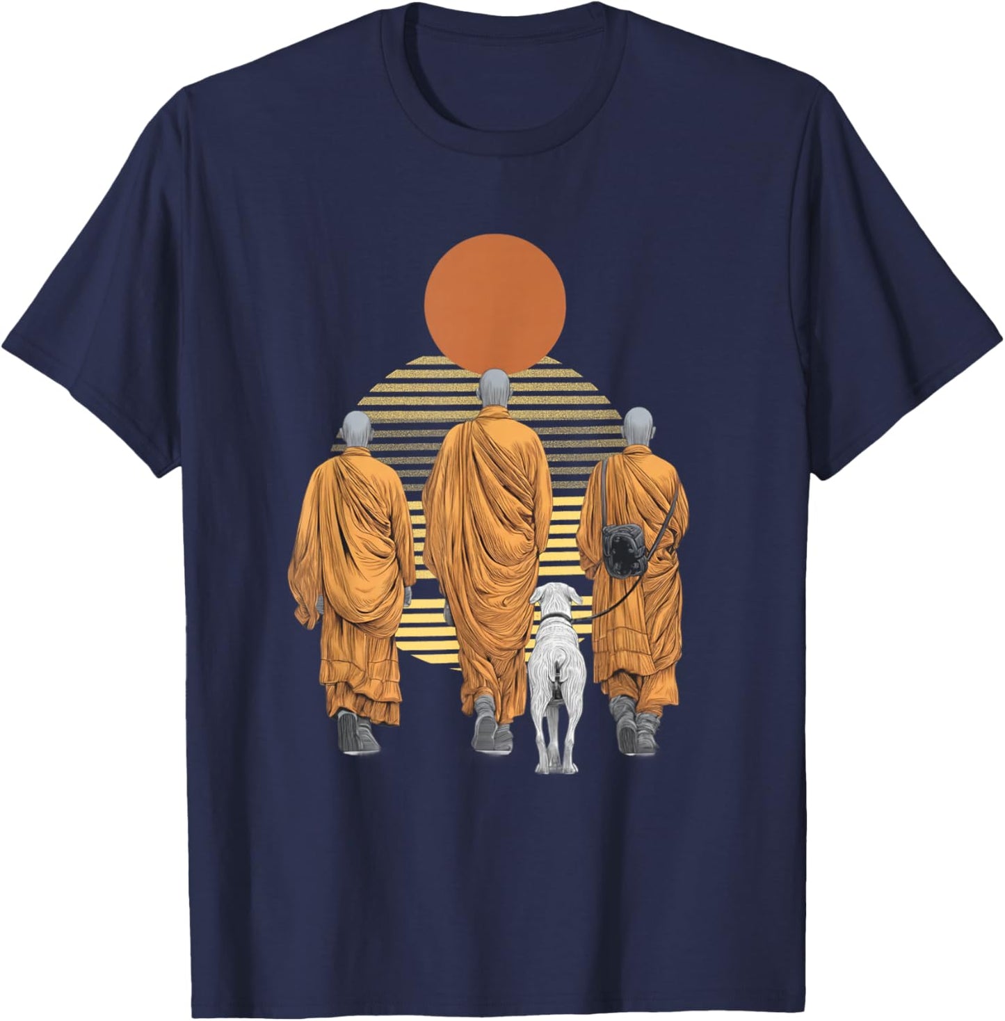 Three Monks and Aloka Dog Spiritual Zen Art Peaceful T-Shirt - T-Shirt | Navy