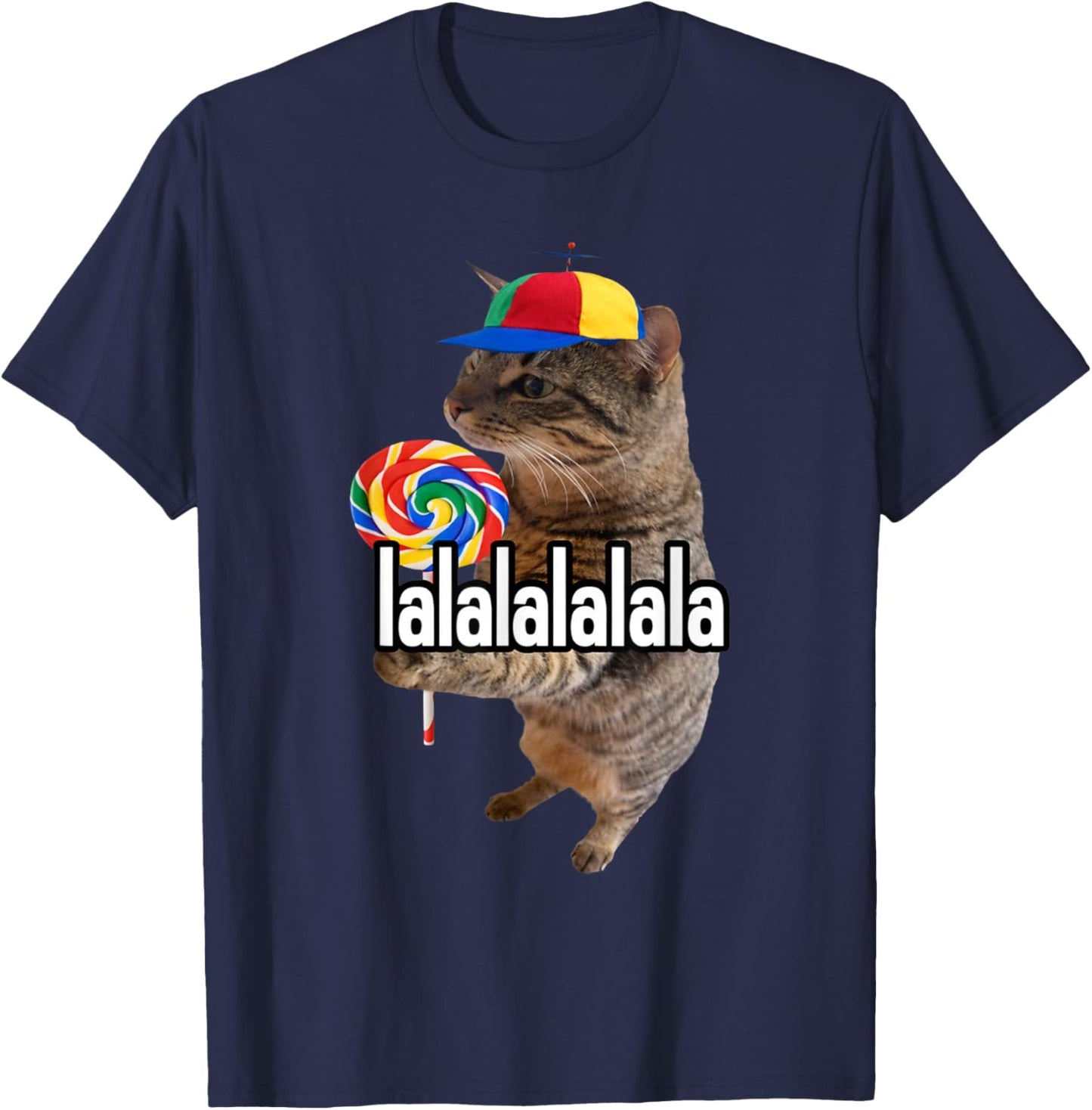 Lalalala Funny Silly Cat with Lollipop Meme Men Women T-Shirt - T-Shirt | Navy