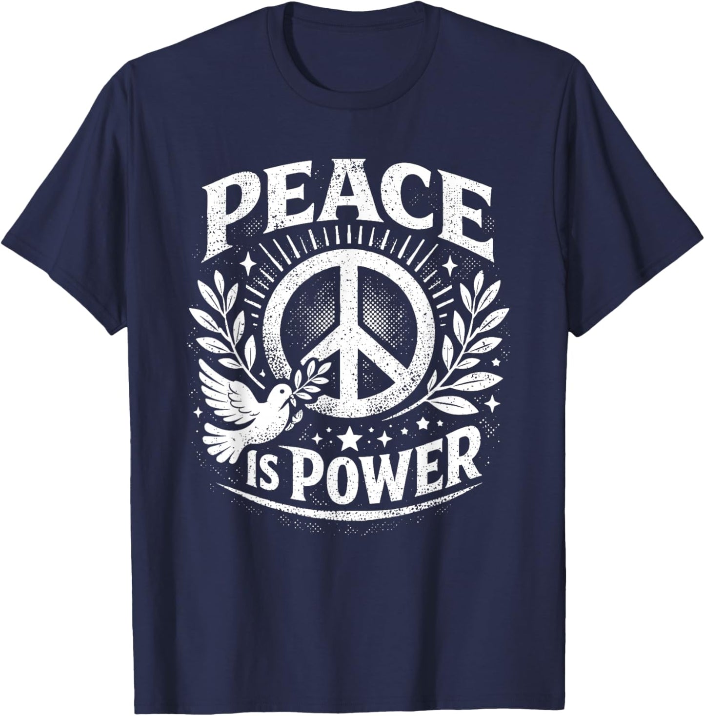 Peace is Power Retro Dove Laurel Peace Sign Unity Love Art T-Shirt - T-Shirt | Navy