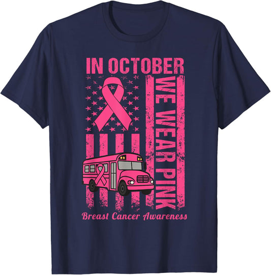 in October We Wear Pink School Bus Driver Breast Cancer T-Shirt - T-Shirt | Navy
