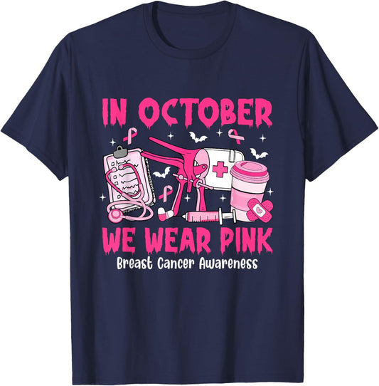 in October We Wear Pink OBGYN Nurse Breast Cancer T-Shirt - T-Shirt | Navy
