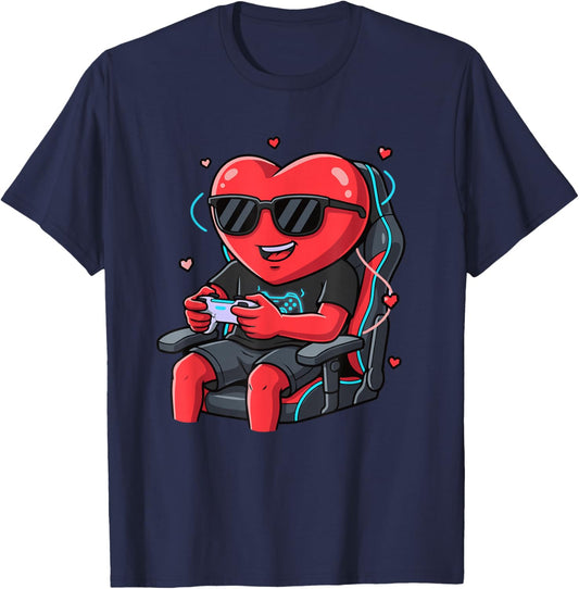 Valentine Gamer Funny Heart Video Gaming T-Shirt - T-Shirt | Navy