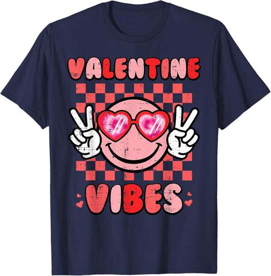 Valentine Vibes Happy Face Valentines Day Men Women Kids T-Shirt - T-Shirt | Navy