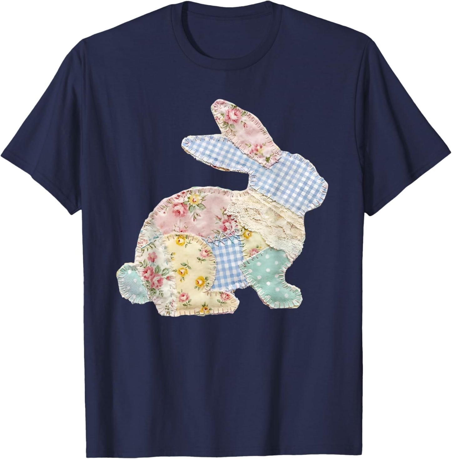 Funny Bunny Patchwork Rabbit Eggs Happy Easter Day Retro T-Shirt - T-Shirt | Navy