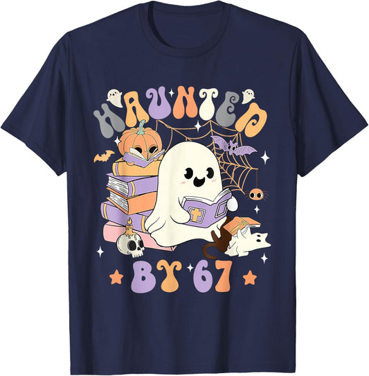 Funny Haunted by 67 - Boo Ghost Pumpkin Halloween Teacher T-Shirt - T-Shirt | Navy