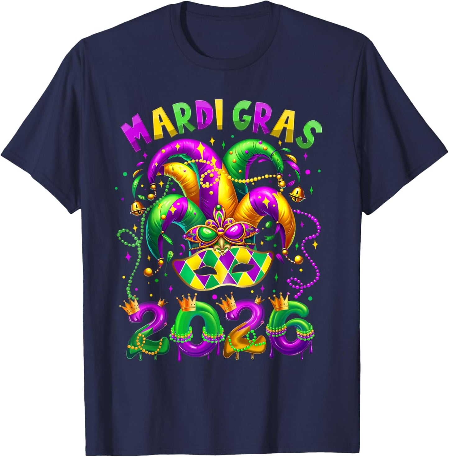 Mardi Gras 2026 Jester Hat Carnival New Orleans Fleur De Lis T-Shirt - T-Shirt | Navy