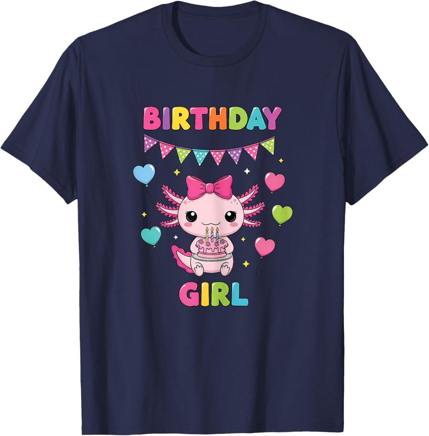Cute Axolotl Bday Girl Big Pink Coquette Bow Girl Birthday T-Shirt - T-Shirt | Navy
