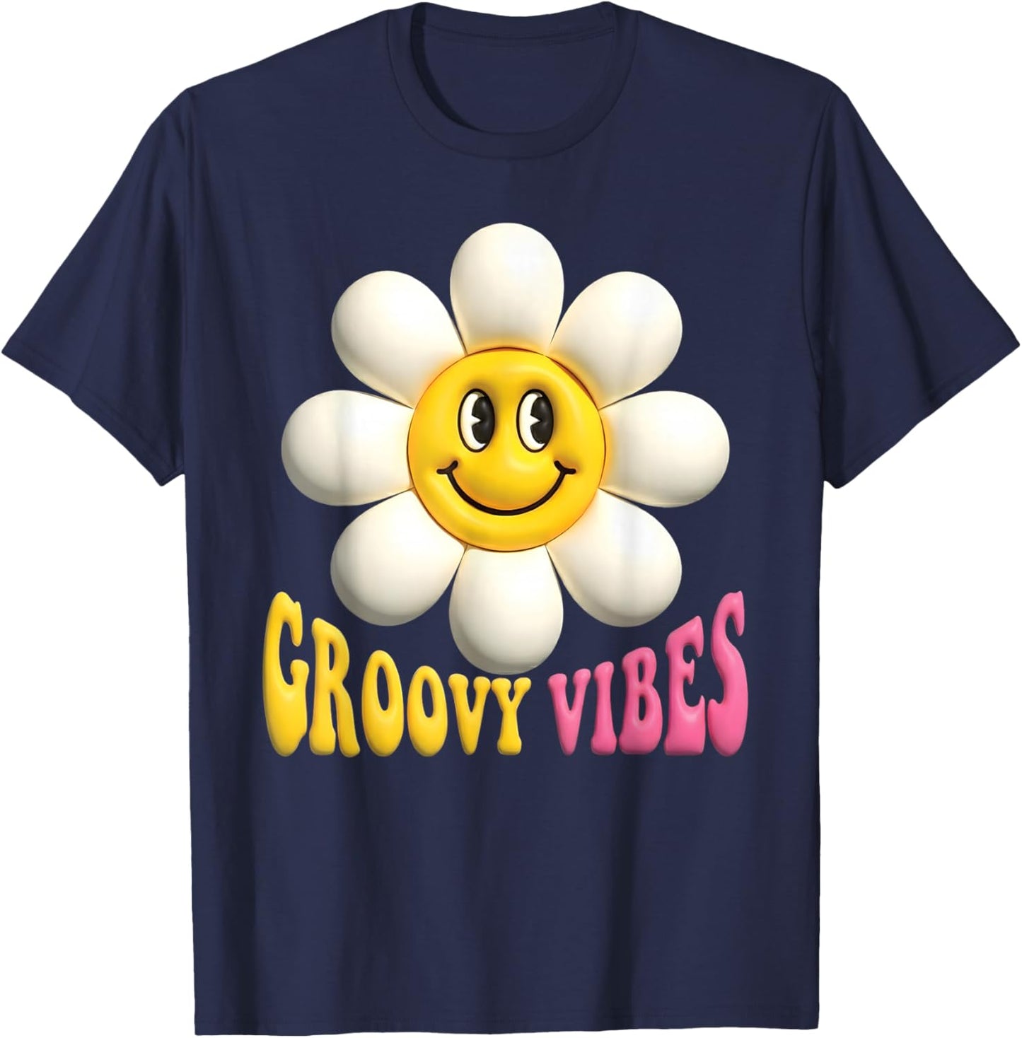 Groovy Vibes Happy Daisy Flower Retro Smile Positive Art T-Shirt - T-Shirt | Navy