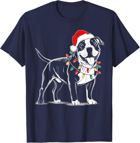 Pitbull Dog Christmas Lights Santa Hat Funny Xmas Dog Lover T-Shirt - T-Shirt | Navy