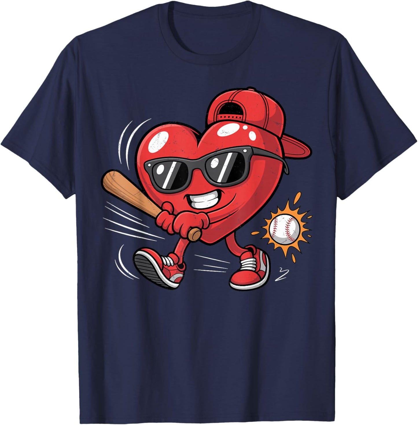 Valentines Day Heart Playing Baseball Boys Men Kids Girls T-Shirt - T-Shirt | Navy